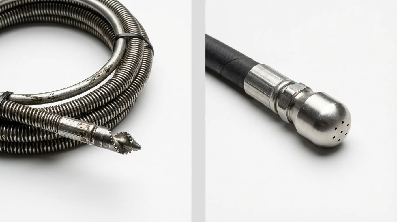 Drain snake cable and hydro jetting nozzle used for drain cleaning in Cold Spring Harbor, NY