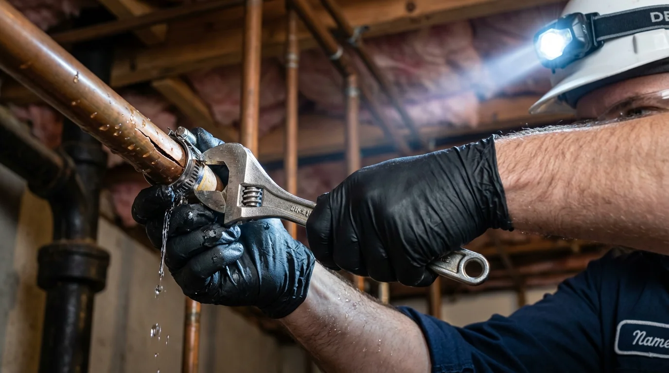Emergency pipe clamp repair being performed by a Johns Plumbing LLC plumber in Cold Spring Harbor