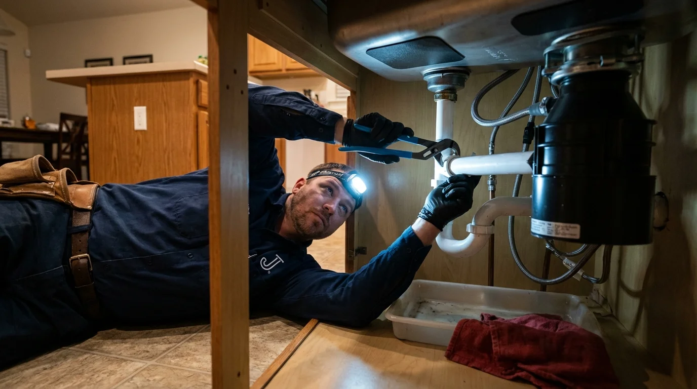 P-trap and supply line connections under a kitchen sink showing a common leak point in Cold Spring Harbor, NY